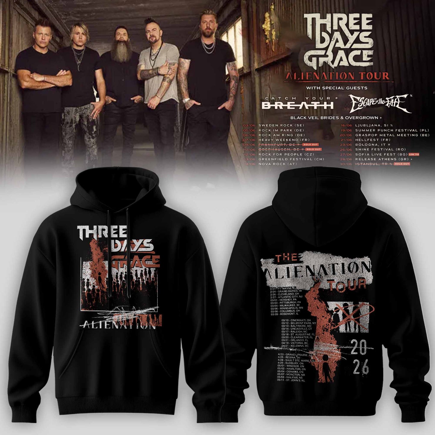 THREE DAYS GRACE – ALIENATION TOUR 2026 OFFICIAL HOODIE COLLECTION