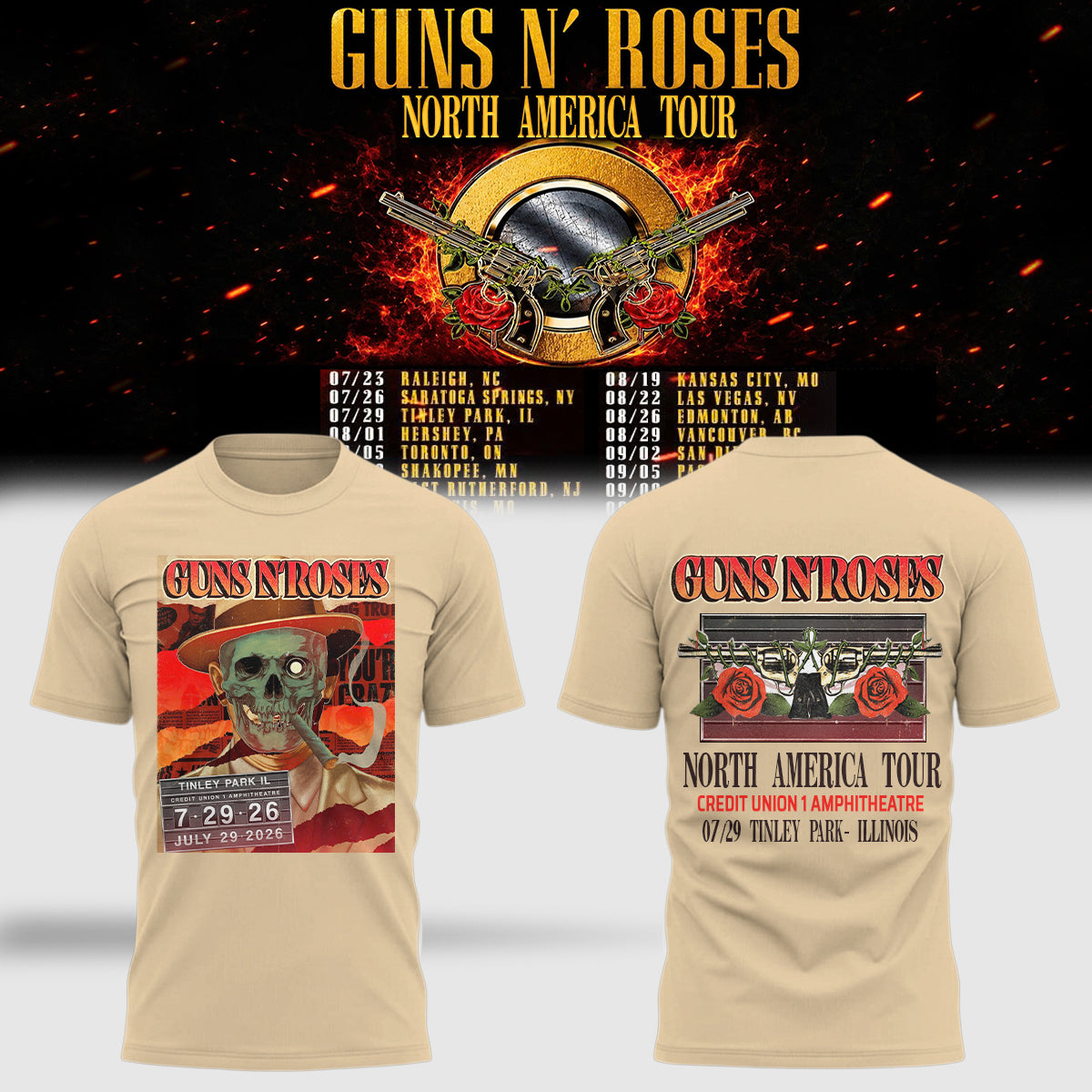 Limited Edition Guns N’ Roses “World Tour 2026” At Credit Union 1 Amphitheatre T-Shirts