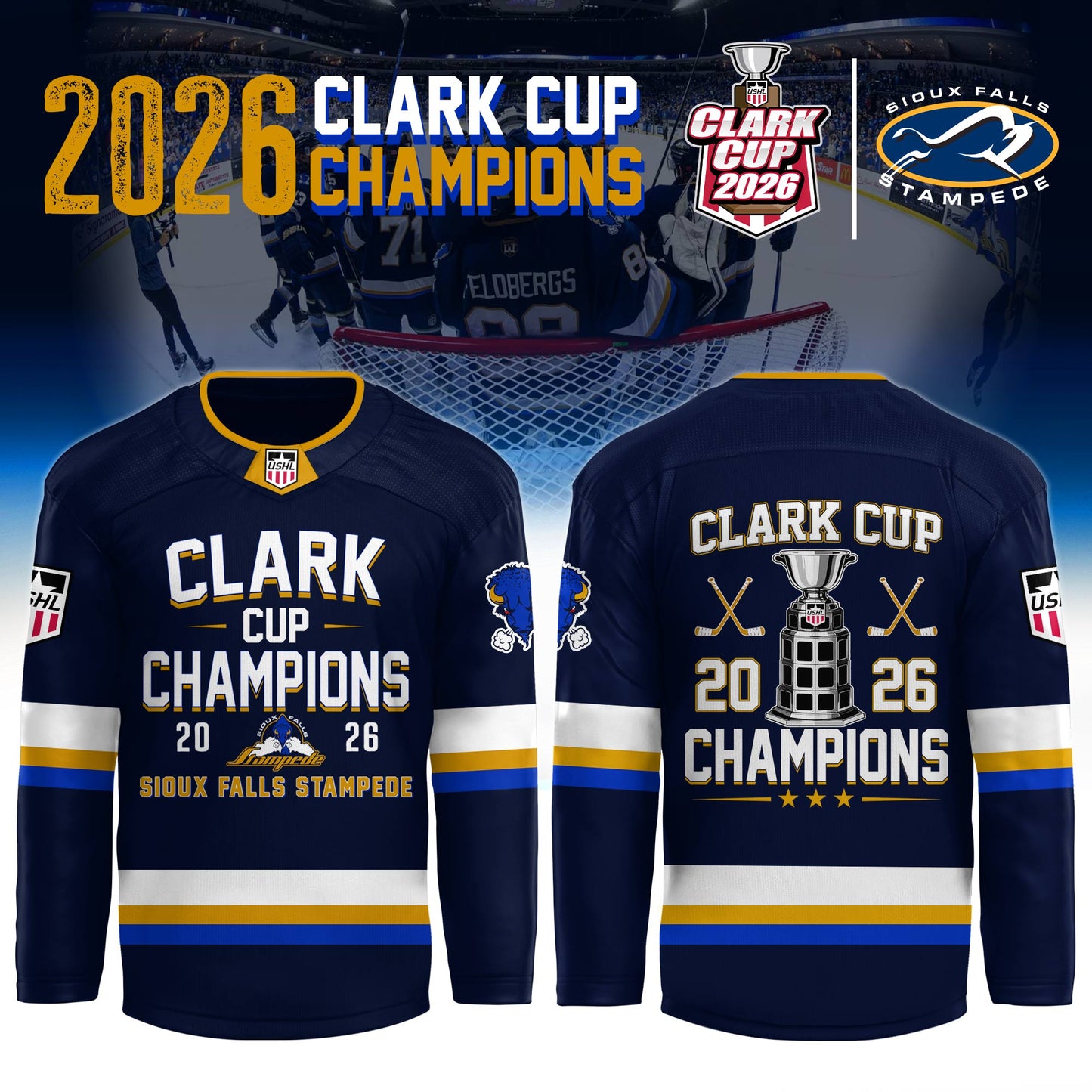 . Sioux Falls Stampede 2026 Clark Cup Champions Jersey Limited Edition