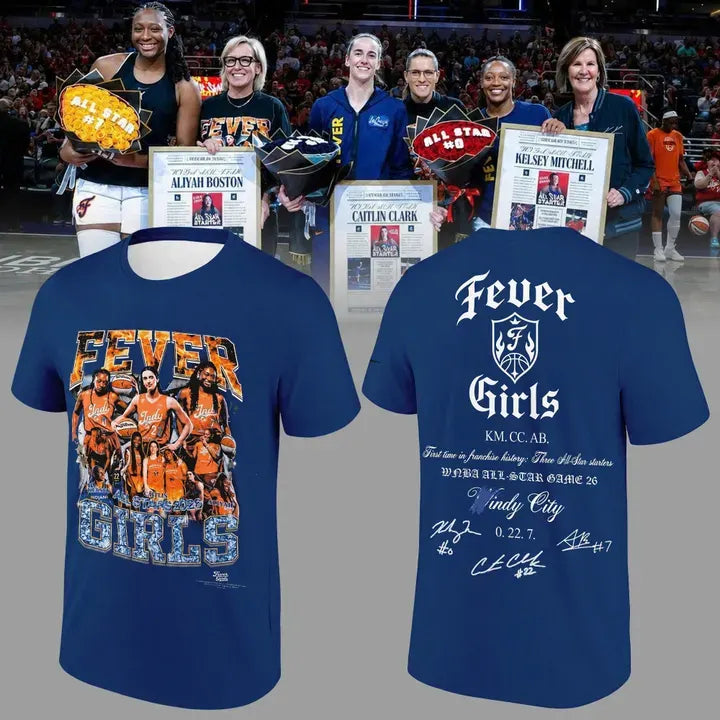 Limited edition T-Shirt Blue celebrating our All-Stars Aliyah Boston, Caitlin Clark and Kelsey Mitchell Signatures Print