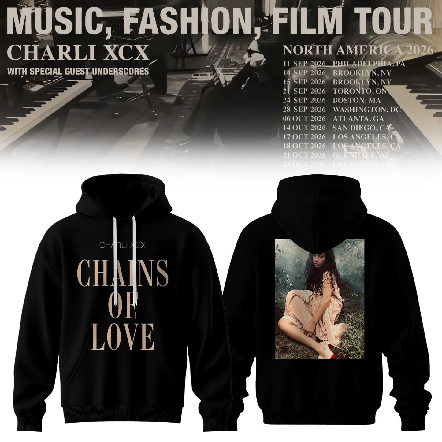 CHARLI XCX “MUSIC, FASHION, FILM” TOUR HOODIE IS HERE