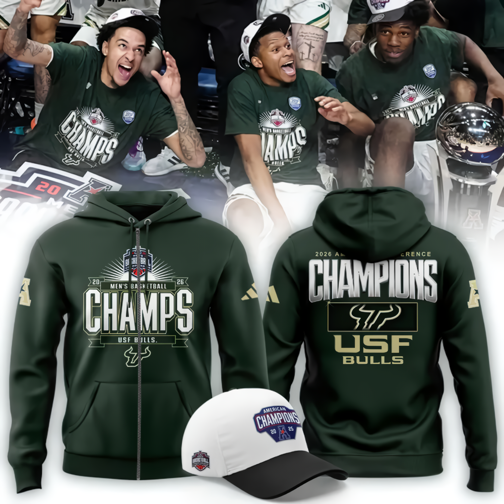Unisex Blue 84 Green South Florida Bulls 2026 American Conference Men's Basketball Tournament Champions Zip Hoodie (Updated Version)