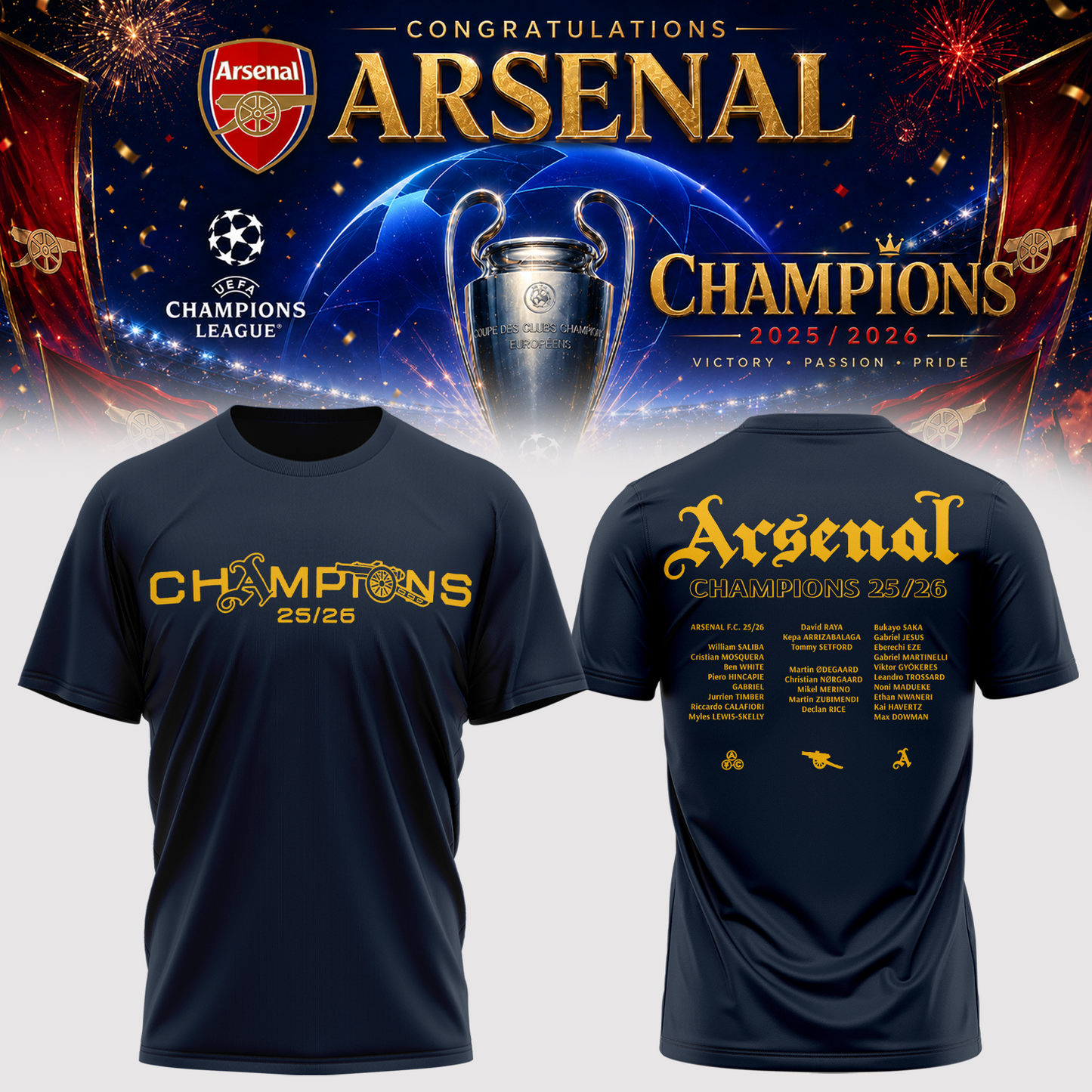 Arsenal Champions League Winners 25/26 Tshirt