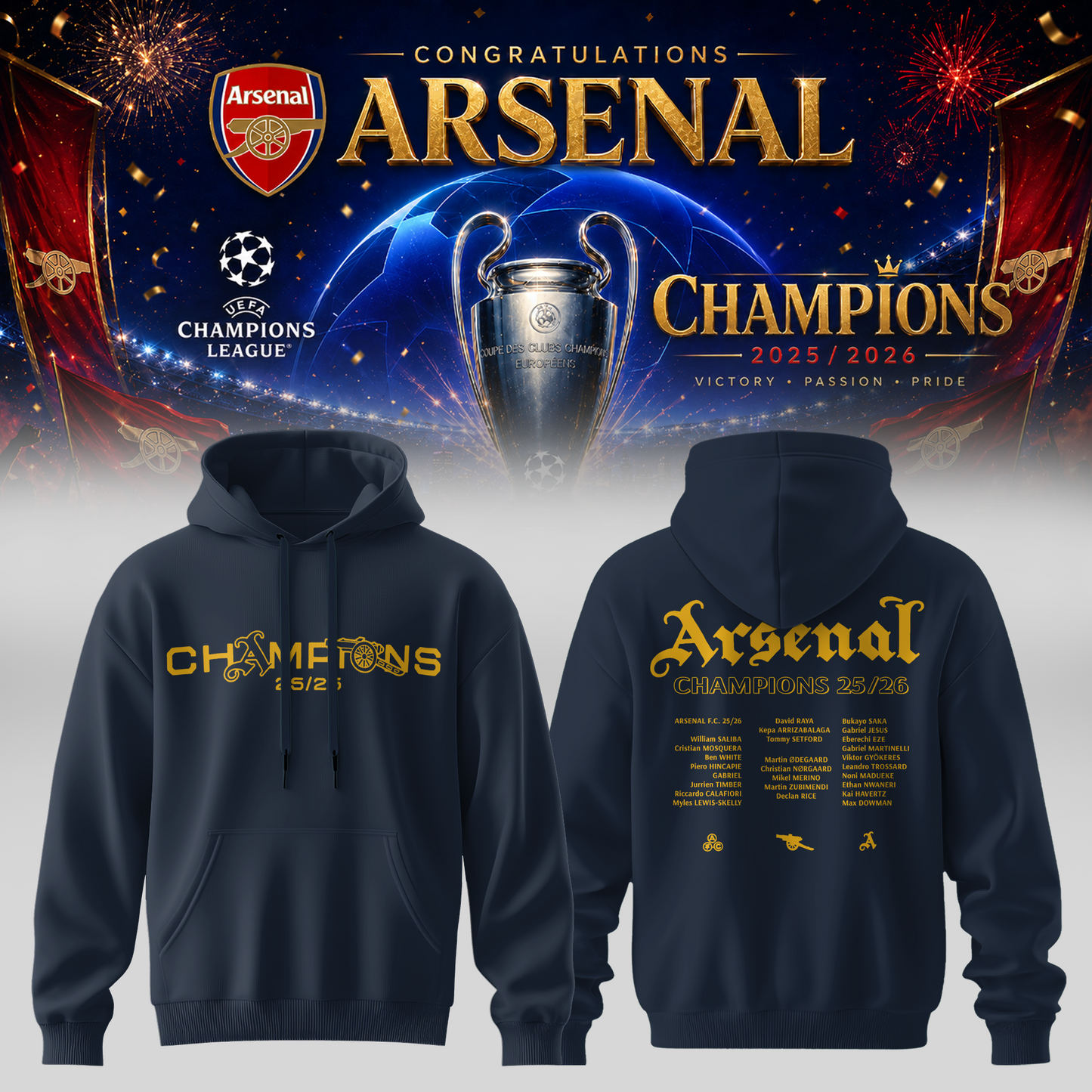 Arsenal Champions League Winners 25/26 Hoodie
