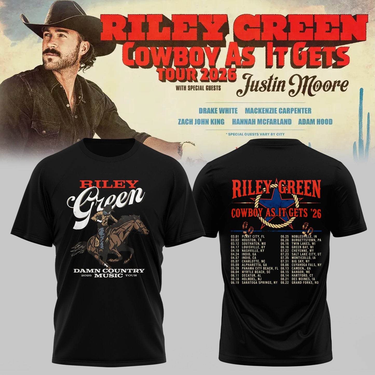 Riley Green’s Cowboy As It Gets Tour 2026 T-shirt