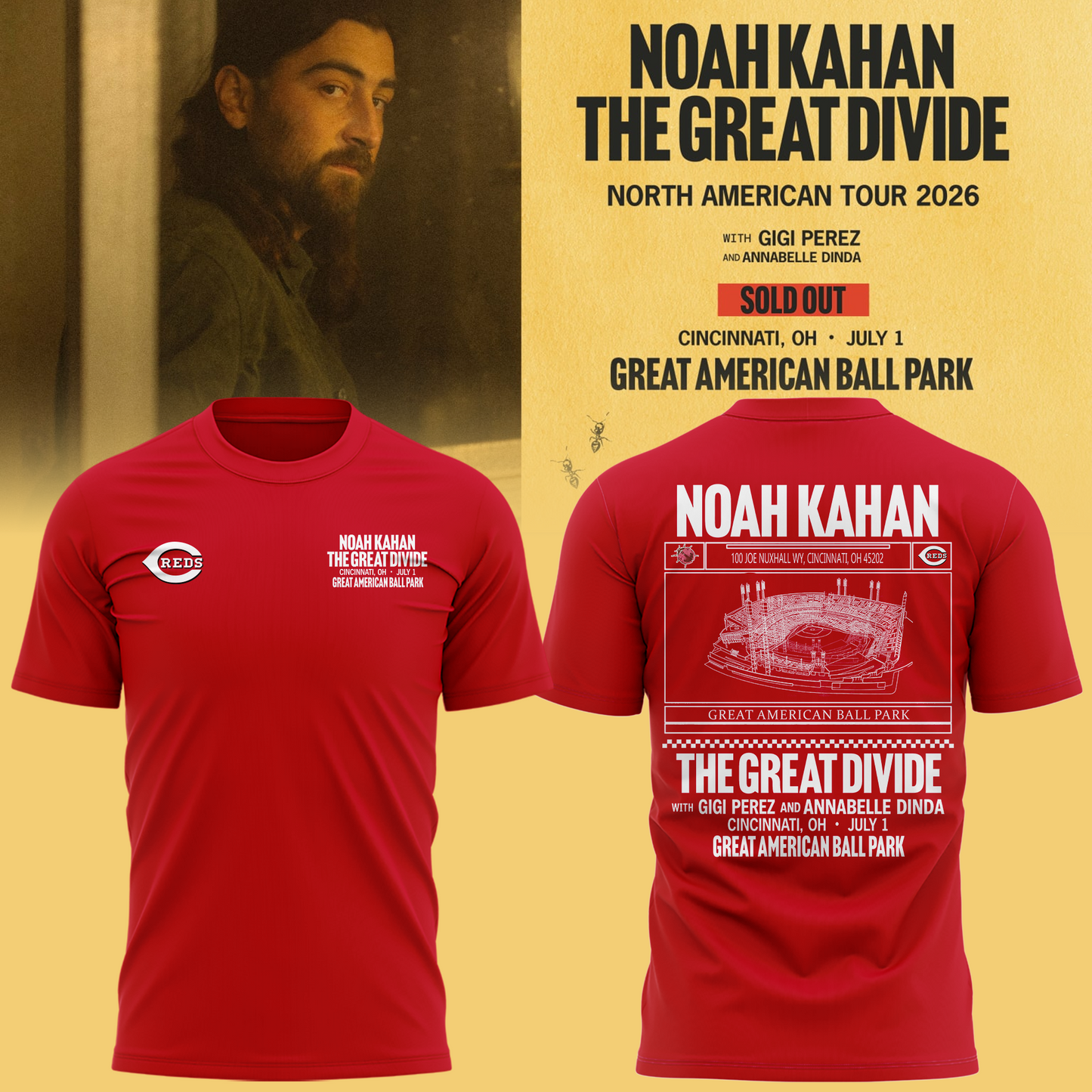 Limited Edtion Noah Kahan x Cincinnati Reds Red Tshirt 2026