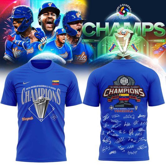 Team Beisbol Venezuela 2026 World Baseball Classic Champions Signature Blue Shirt
