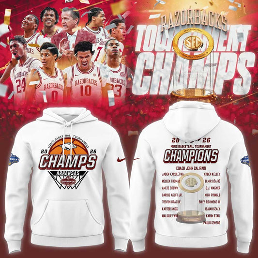A Razorbacks Basketball 2026 SEC Men’s Basketball Tournament Champions White Hoodie