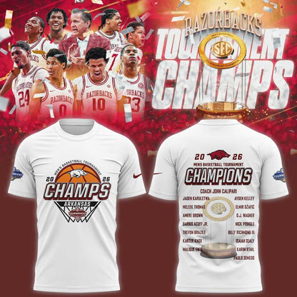 A Razorbacks Basketball 2026 SEC Men’s Basketball Tournament Champions White Shirt