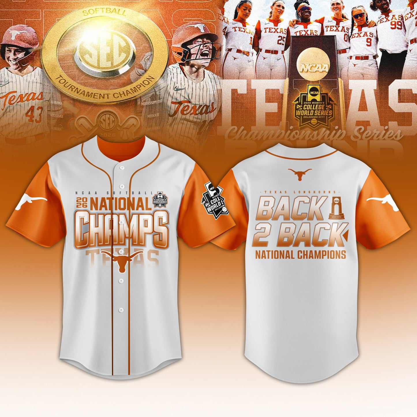 ,Texas Longhorns SoftBall Championship 2026 Women’s College World Series Jersey V2