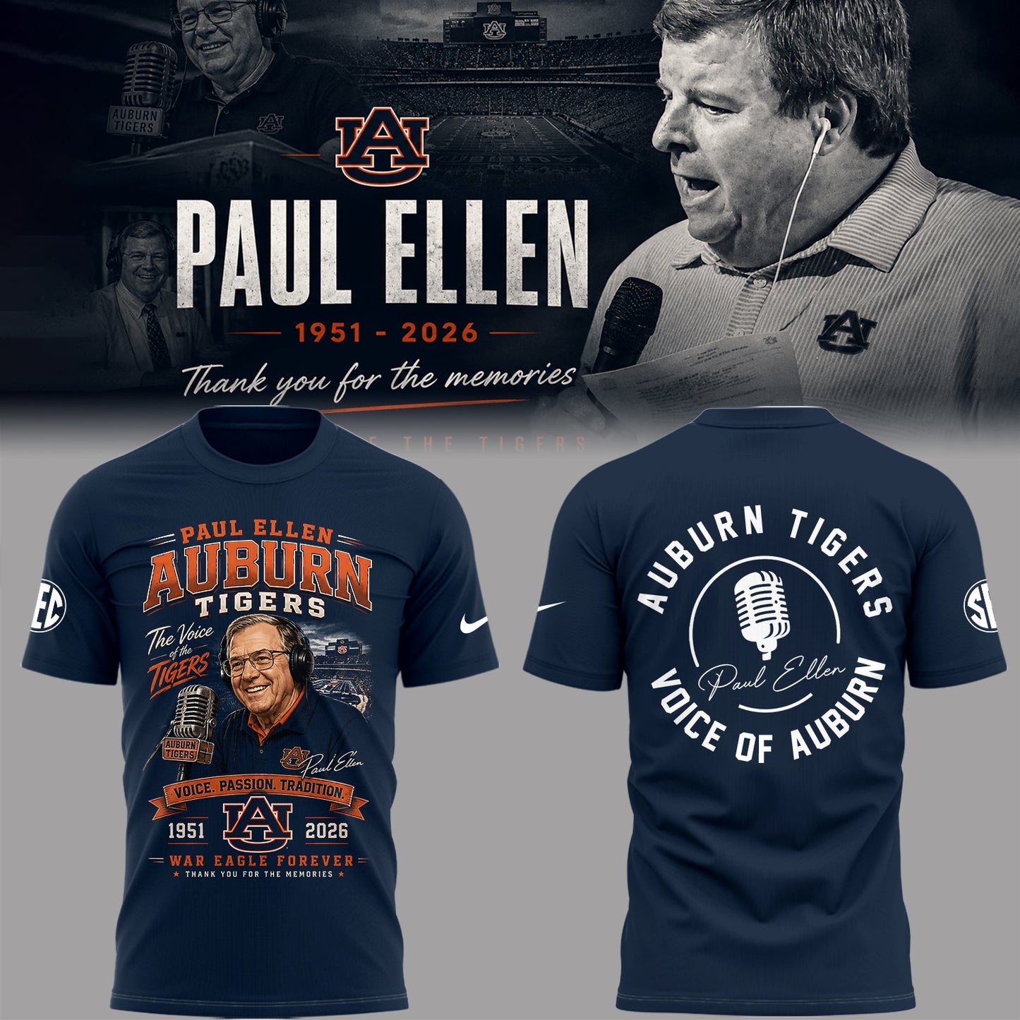 “Remembering Paul Ellen – The Voice of Auburn”🎙️🐅Shirt