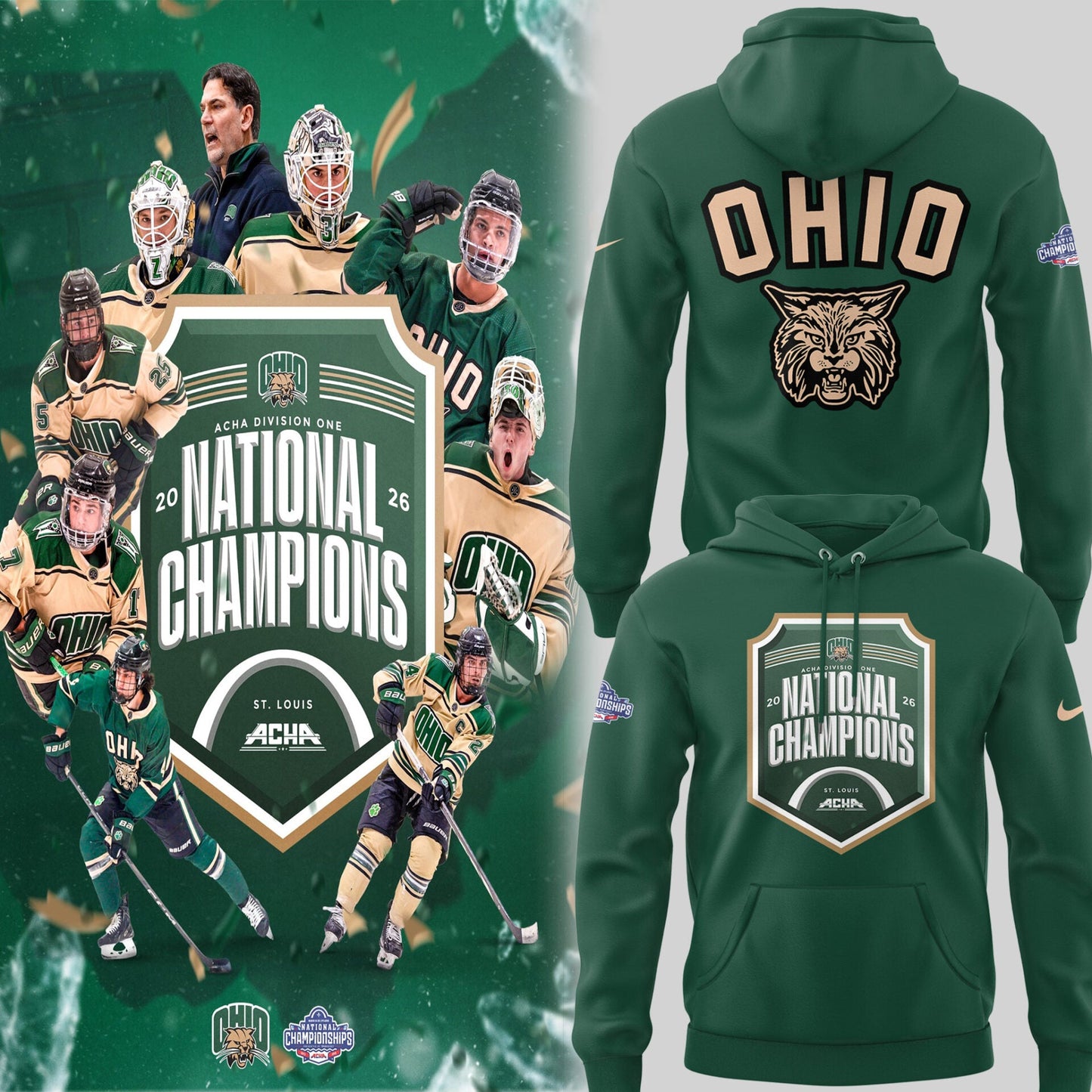 Limited Edition Ohio Bobcat ACHA National Champions 2026🏆Hoodie