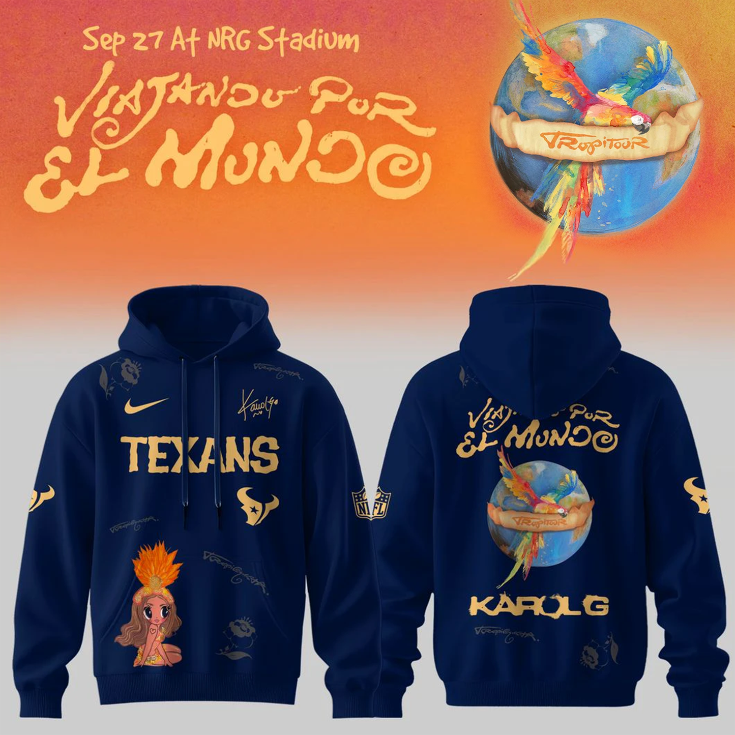 Houston Texans x Karol G VIAJANDO POR EL MUNDO TropiTour 2026 Edition Hoodie
