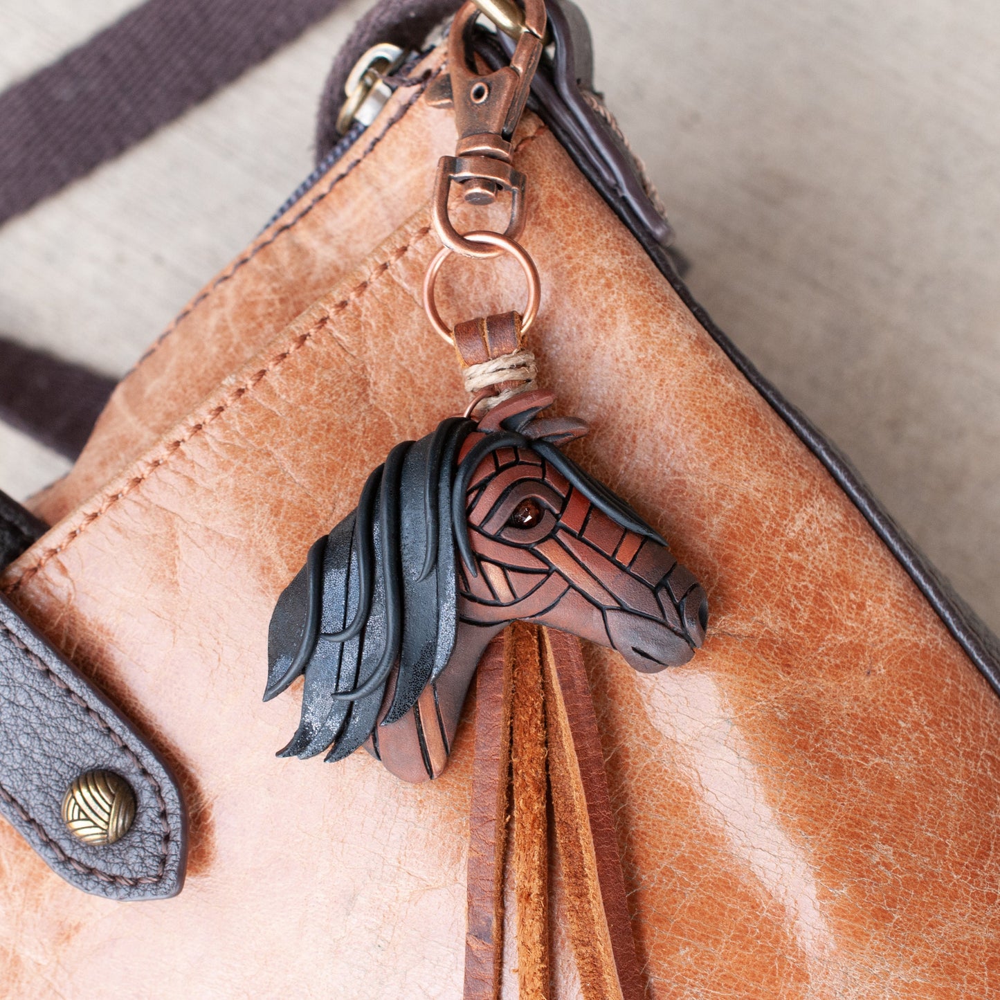 Bay Horse Necklace Pin or Purse Charm, Leather Cord with tassel, Personalized Option, Rustic, Western, Brown, American West, Spirit Animal