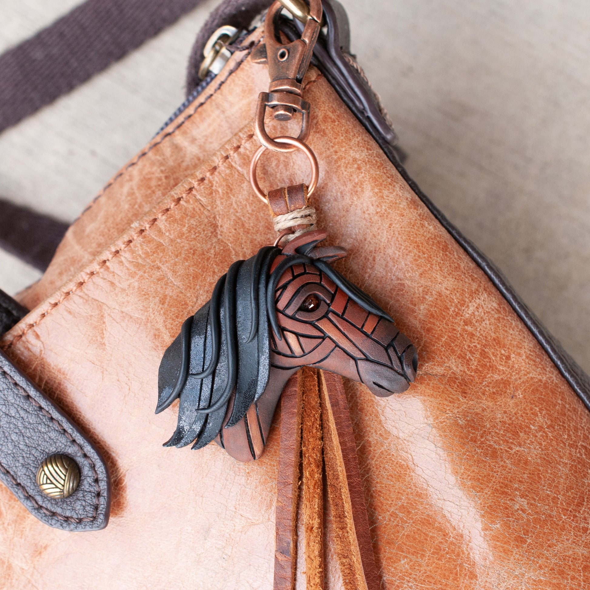 Bay Horse Necklace Pin or Purse Charm, Leather Cord with tassel, Personalized Option, Rustic, Western, Brown, American West, Spirit Animal