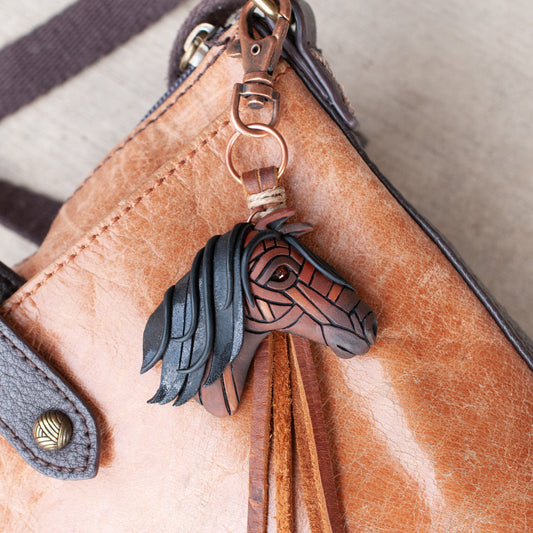 Bay Horse Necklace Pin or Purse Charm, Leather Cord with tassel, Personalized Option, Rustic, Western, Brown, American West, Spirit Animal