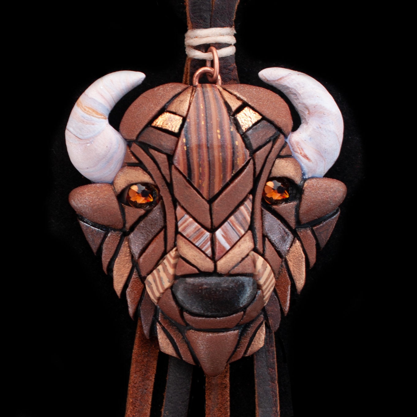 Bison Buffalo Necklace on Western Style Leather Cord, Spirit Animal Head, Mosaic art design, Unique Gift Idea, Native American, Wild, Free