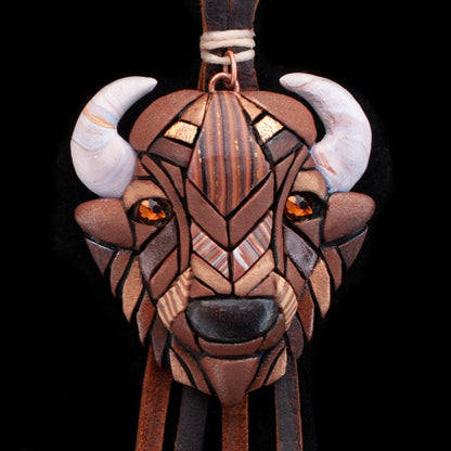 Bison Buffalo Necklace on Western Style Leather Cord, Spirit Animal Head, Mosaic art design, Unique Gift Idea, Native American, Wild, Free