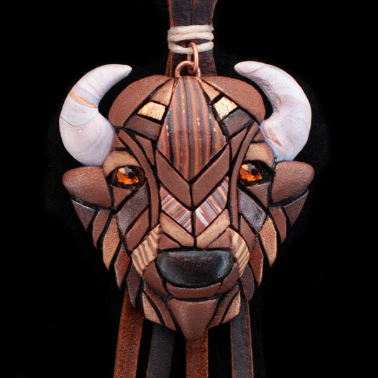 Bison Buffalo Necklace on Western Style Leather Cord, Spirit Animal Head, Mosaic art design, Unique Gift Idea, Native American, Wild, Free