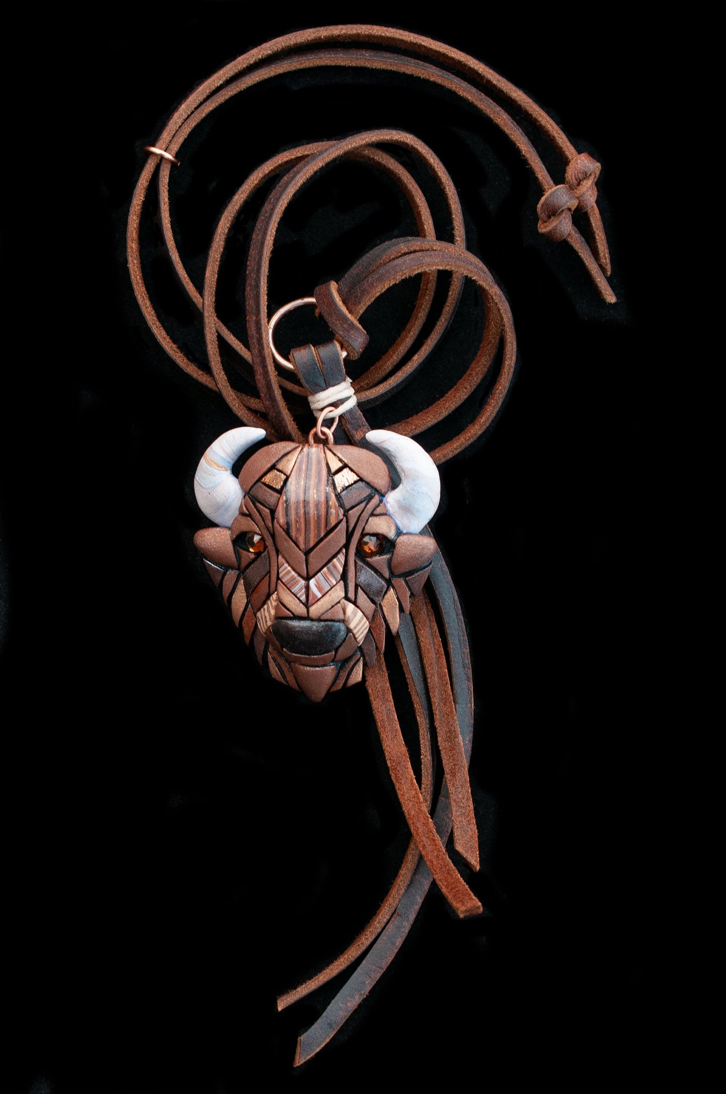 Bison Buffalo Necklace on Western Style Leather Cord, Spirit Animal Head, Mosaic art design, Unique Gift Idea, Native American, Wild, Free