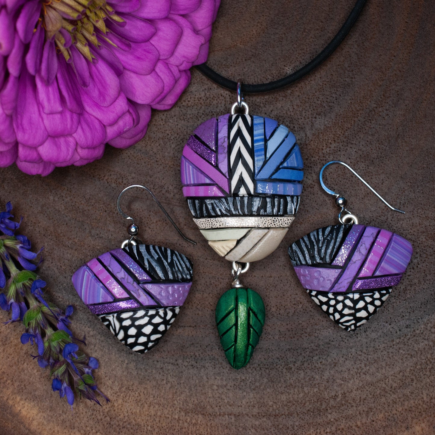 Pink purple mosaic earrings with black and white, Lightweight, Dangly, Abstract triangle, Sterling silver wires, Coordinates available