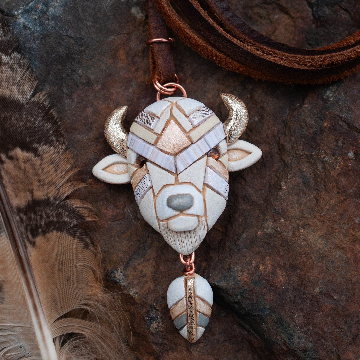 White or Brown Bison Buffalo Necklace: Handmade Western Gift