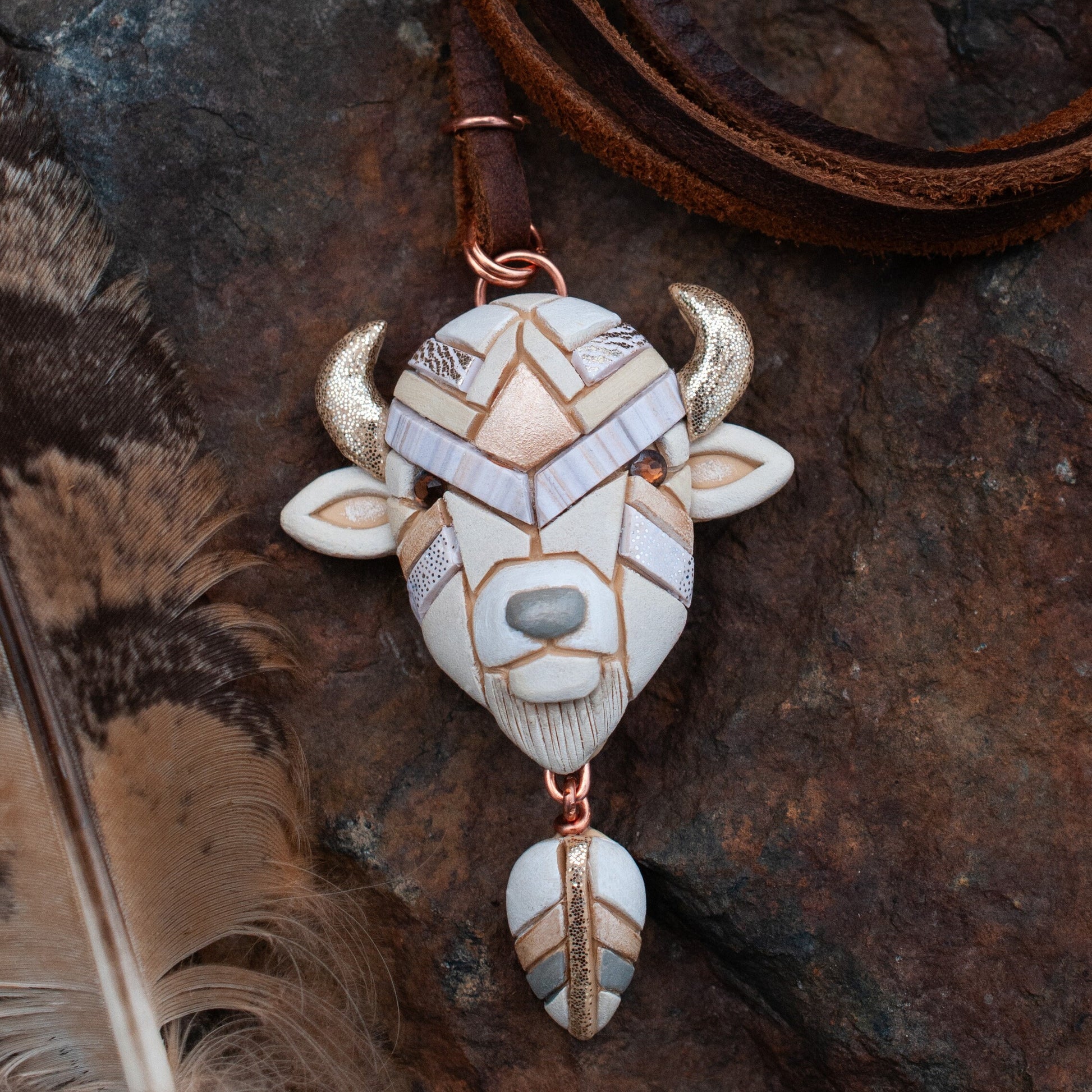 White or Brown Bison Buffalo Necklace: Handmade Western Gift
