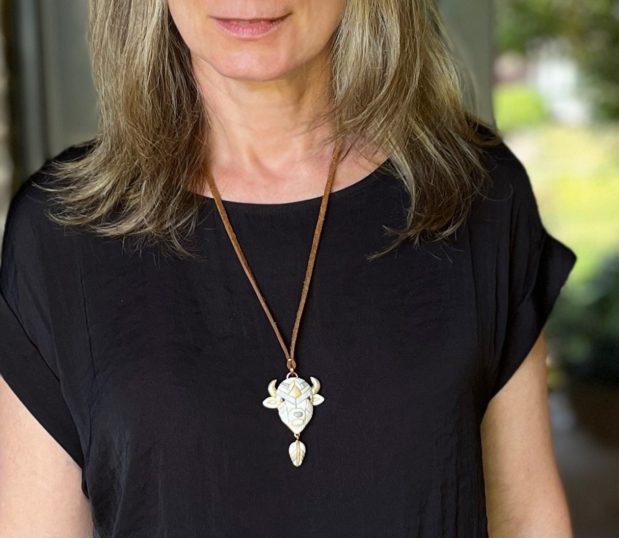 White or Brown Bison Buffalo Necklace: Handmade Western Gift