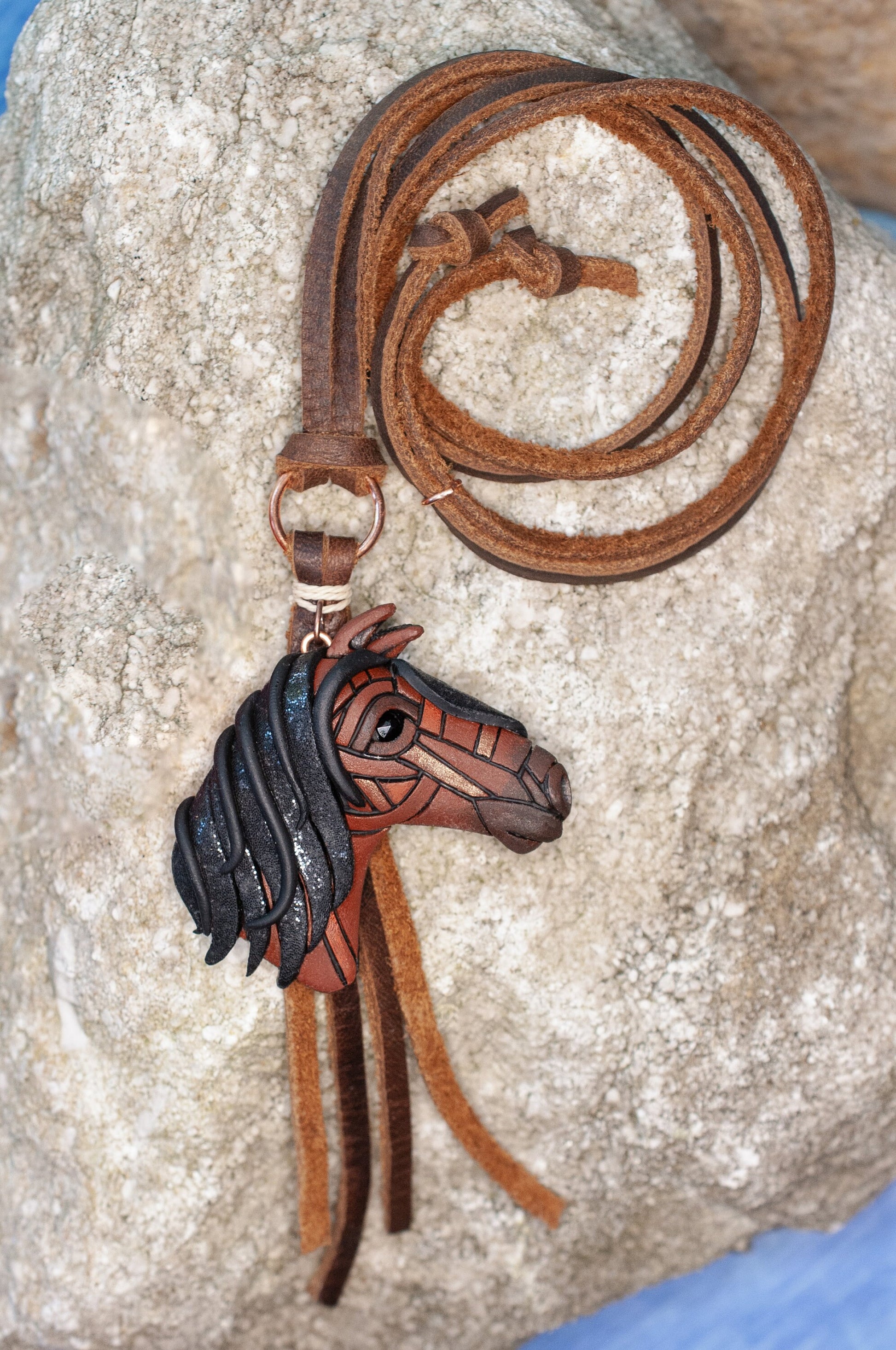 Bay Horse Necklace Pin or Purse Charm, Leather Cord with tassel, Personalized Option, Rustic, Western, Brown, American West, Spirit Animal