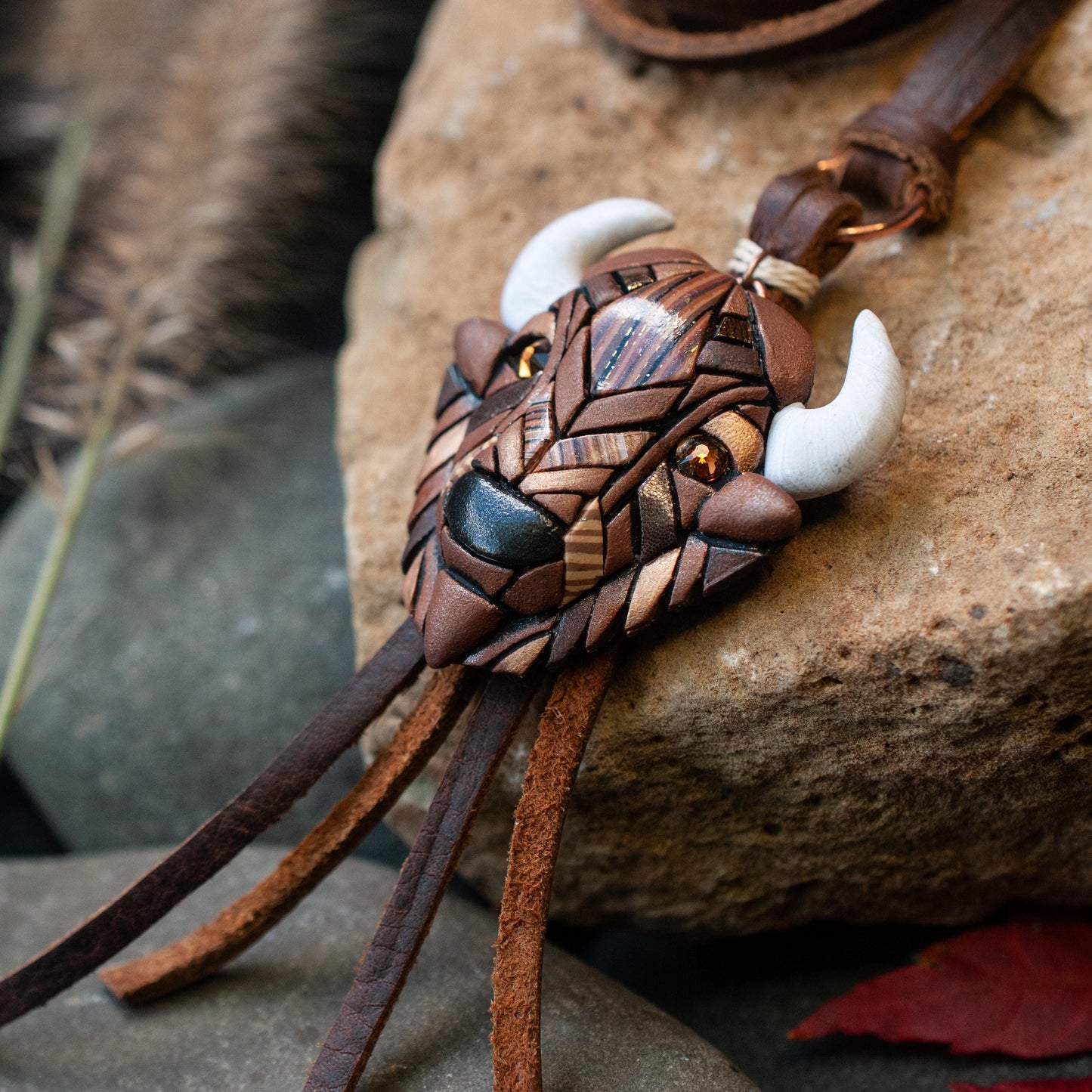 Bison Buffalo Necklace on Western Style Leather Cord, Spirit Animal Head, Mosaic art design, Unique Gift Idea, Native American, Wild, Free