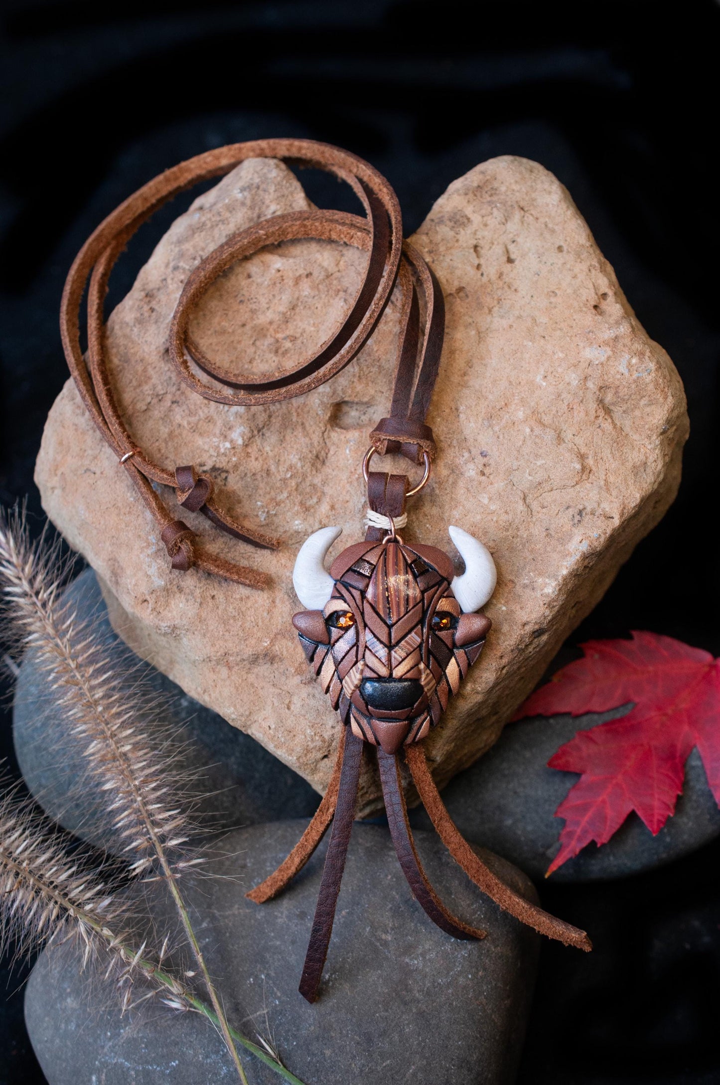 Bison Buffalo Necklace on Western Style Leather Cord, Spirit Animal Head, Mosaic art design, Unique Gift Idea, Native American, Wild, Free