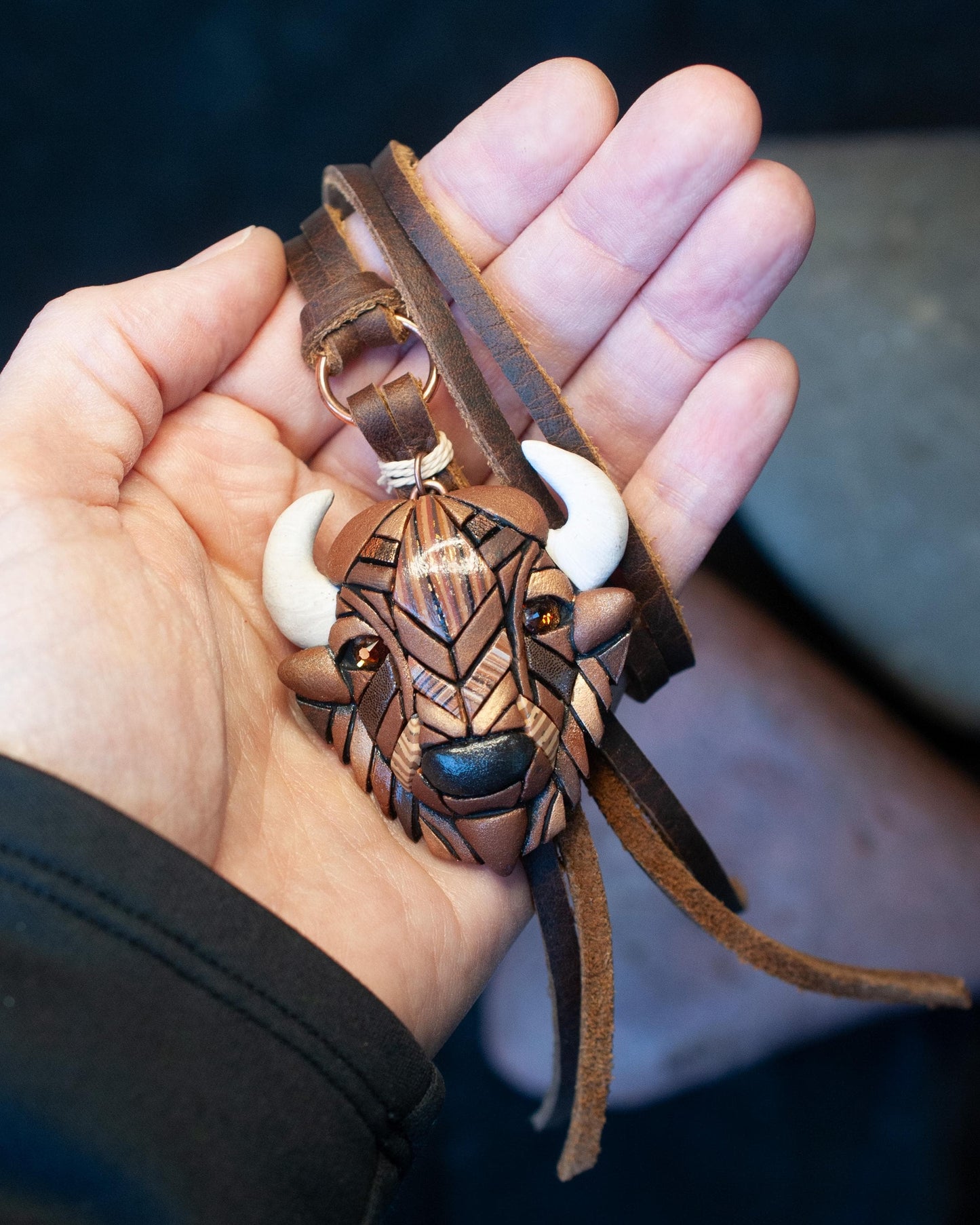Bison Buffalo Necklace on Western Style Leather Cord, Spirit Animal Head, Mosaic art design, Unique Gift Idea, Native American, Wild, Free