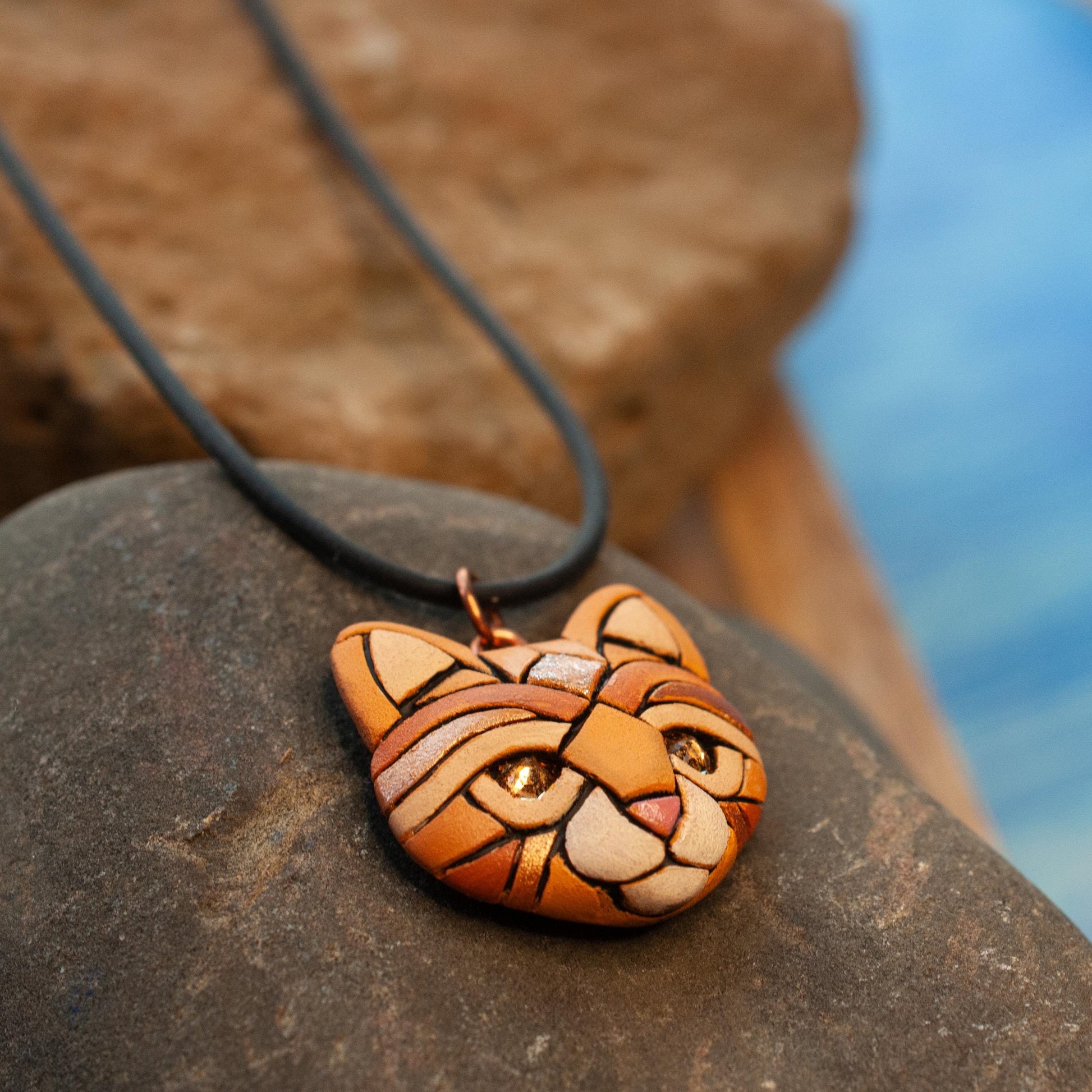 Ginger Cat Pendant Necklace: Polymer Clay Kitten Jewelry, Swarovski Crystals