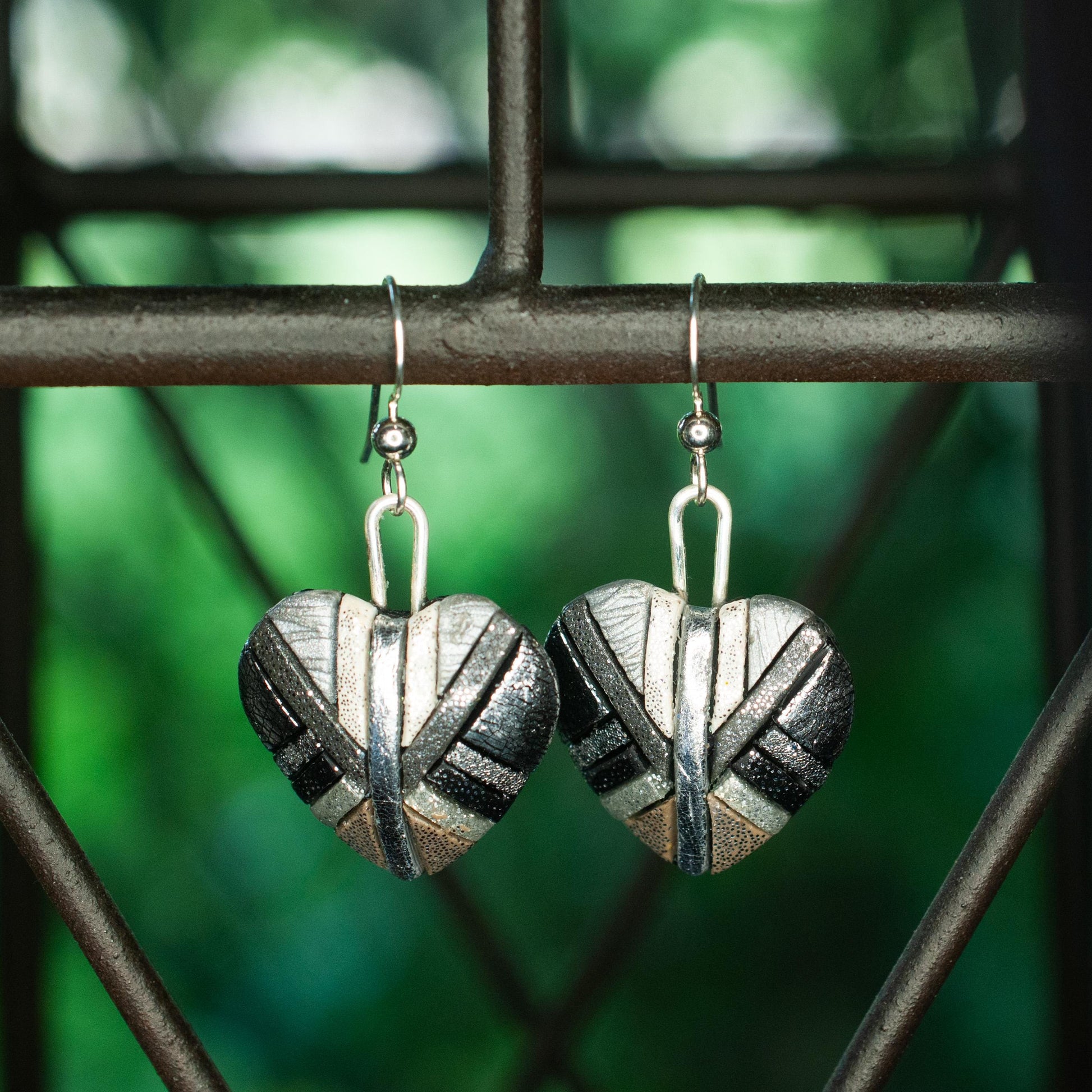 Chrome Heart Earrings – Shiny Silver Mosaic Hearts on Sterling Silver Ear wires – Trendy Lightweight Dangly Earrings, Handmade Jewelry Gift