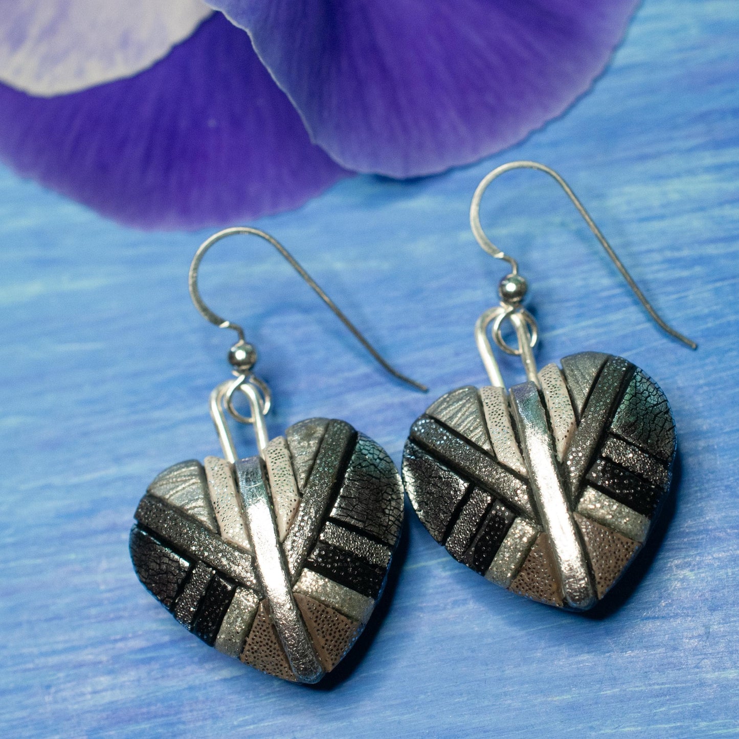 Chrome Heart Earrings – Shiny Silver Mosaic Hearts on Sterling Silver Ear wires – Trendy Lightweight Dangly Earrings, Handmade Jewelry Gift