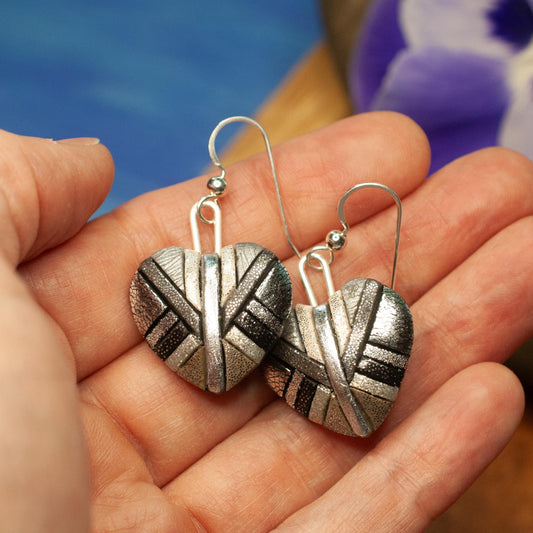 Chrome Heart Earrings – Shiny Silver Mosaic Hearts on Sterling Silver Ear wires – Trendy Lightweight Dangly Earrings, Handmade Jewelry Gift
