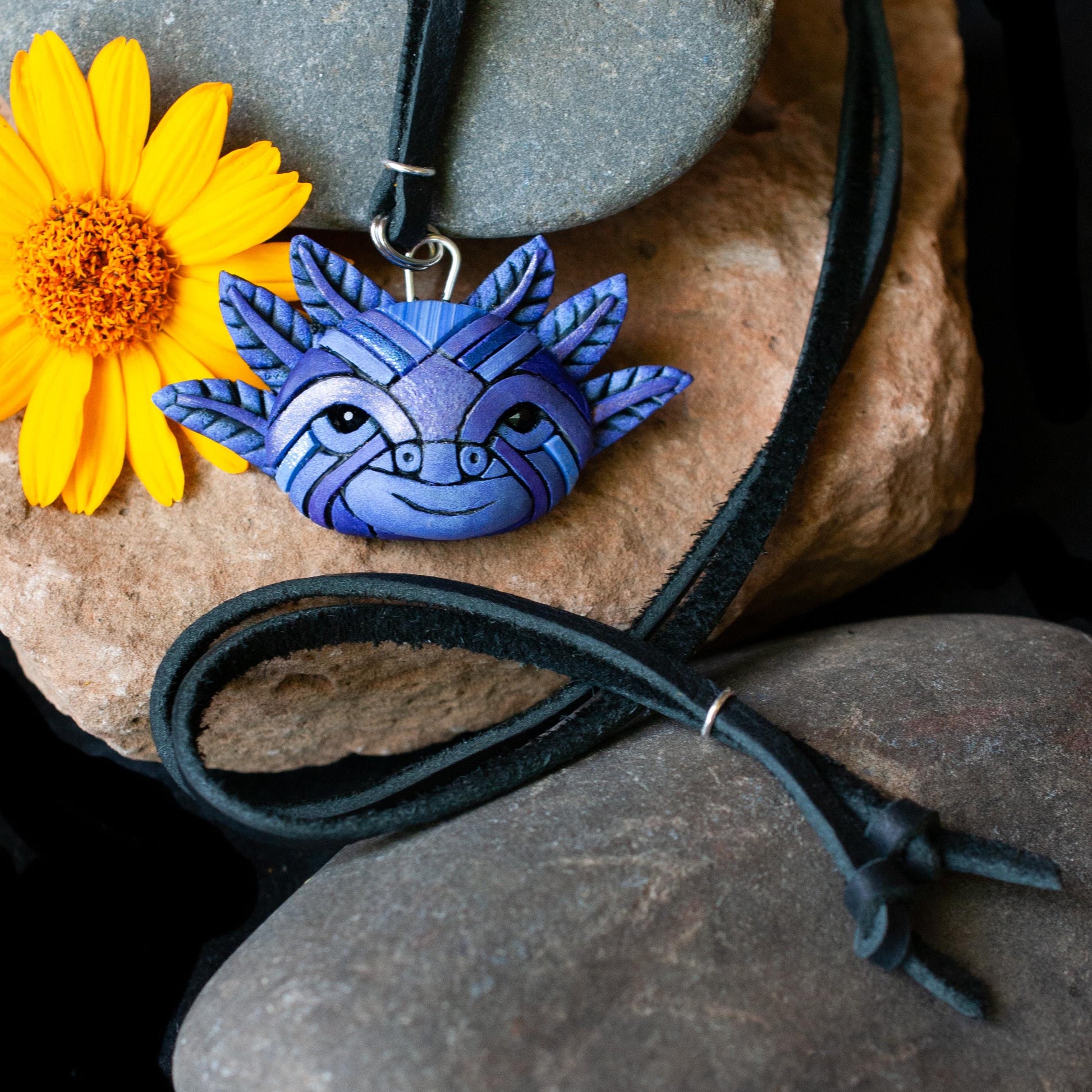 Axolotl Necklace in Violet, Black Adjustable-Length Leather Cord, Purple Mosaic Spirit Animal, Unique Gift Idea, Mexican Symbol, Super Cute