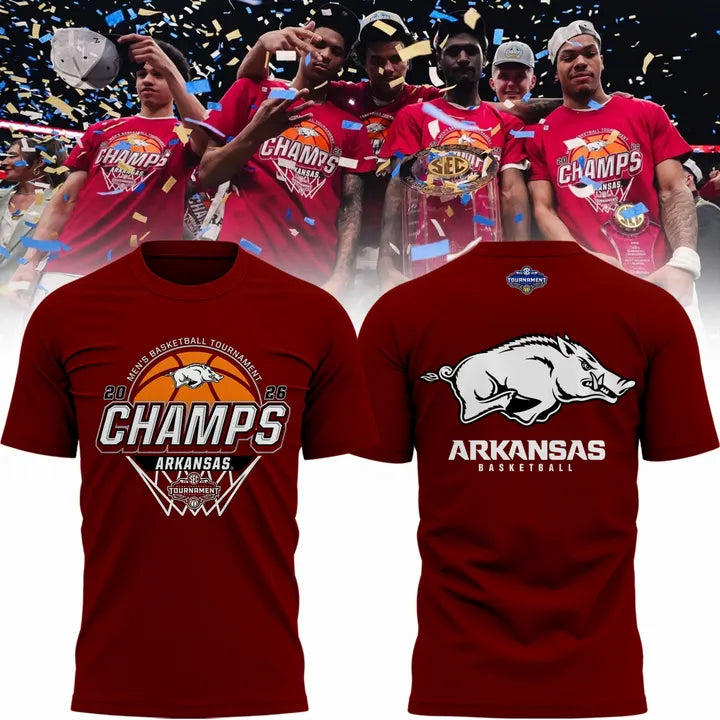 1. Arkansas Razorbacks Men's Basketball 2026 SEC Tournament Champions Locker Room Short Sleeve T-Shirt