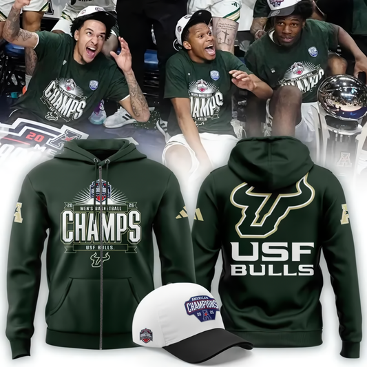 Unisex Blue 84 Green South Florida Bulls 2026 American Conference Men's Basketball Tournament Champions Zip Hoodie V2