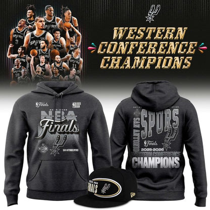 (Adult & Kids) San Antonio Spurs Black 2026 Western Conference Champions Stacked Block Hoodie