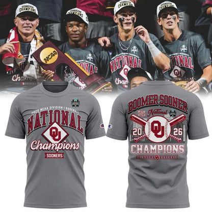 Men's Champion Grey Oklahoma Sooners 2026 Baseball Men's College World Series Champions Locker Room T-Shirt