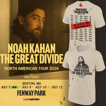 2026 Exclusive T-Shirt Signatures Print Noah Kahan x Boston Red Sox "THE GREAT DIVIDE WORLD TOUR"