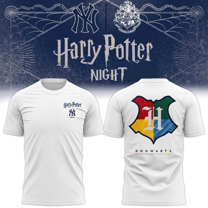 Men's NY Yankees Harry Potter Shirt - White Hogwarts House Crest Back Graphic Tee