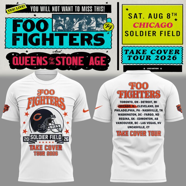 13.06. White Shirt Foo Fighters x Chicago Bears - Take Cover Tour 2026 T-Shirt