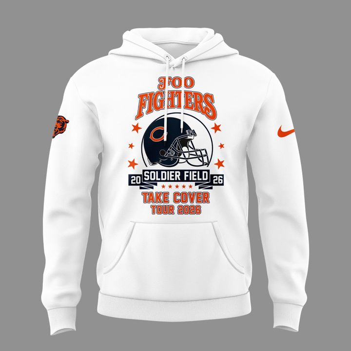 02.50. White Hoodie Foo Fighters x Chicago Bears - Take Cover Tour 2026 Hoodie