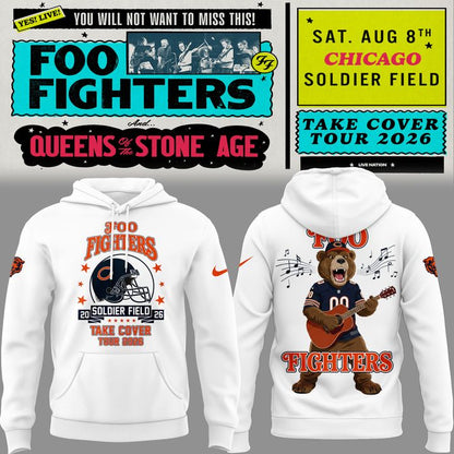 02.50. White Hoodie Foo Fighters x Chicago Bears - Take Cover Tour 2026 Hoodie