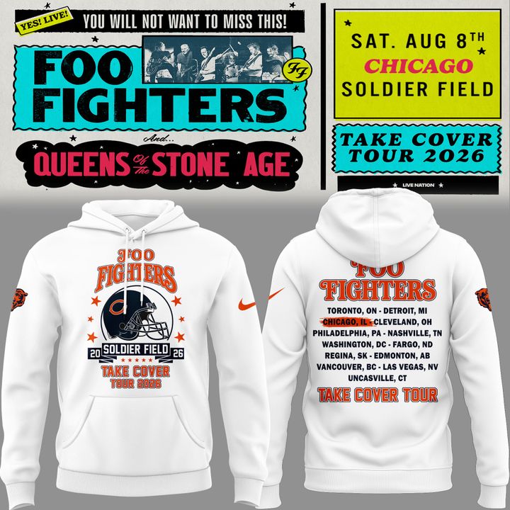 13.16. White Hoodie Chicago Bears x Foo Fighters - Take Cover Tour 2026 Hoodie