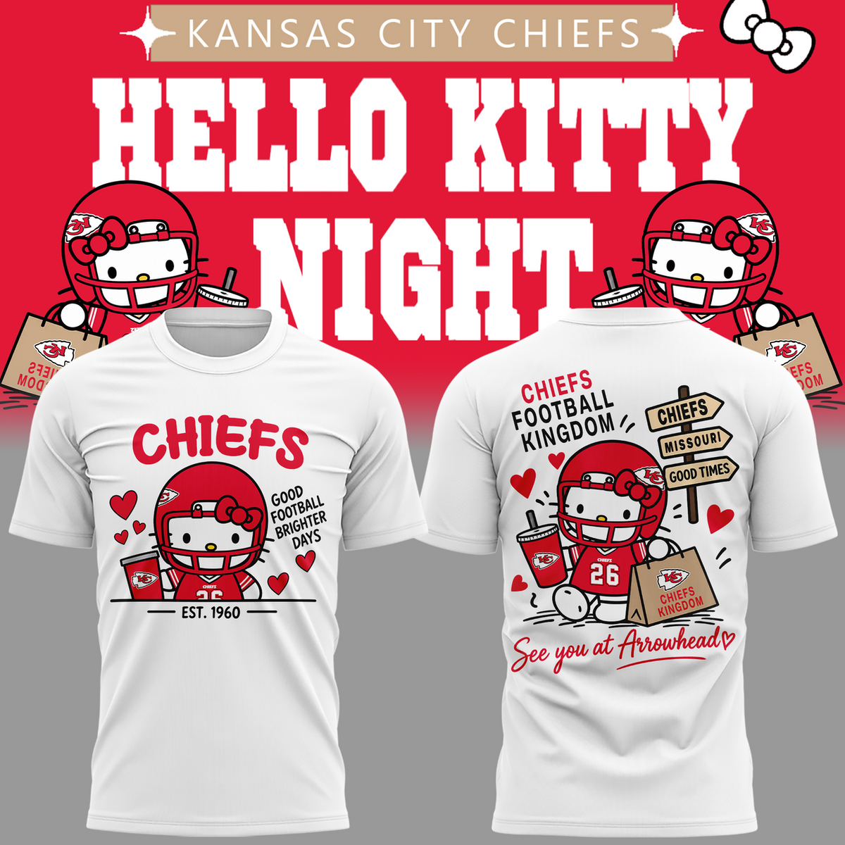 Limited Edition Kansas City Chiefs x Hello Kitty Tshirt 2026