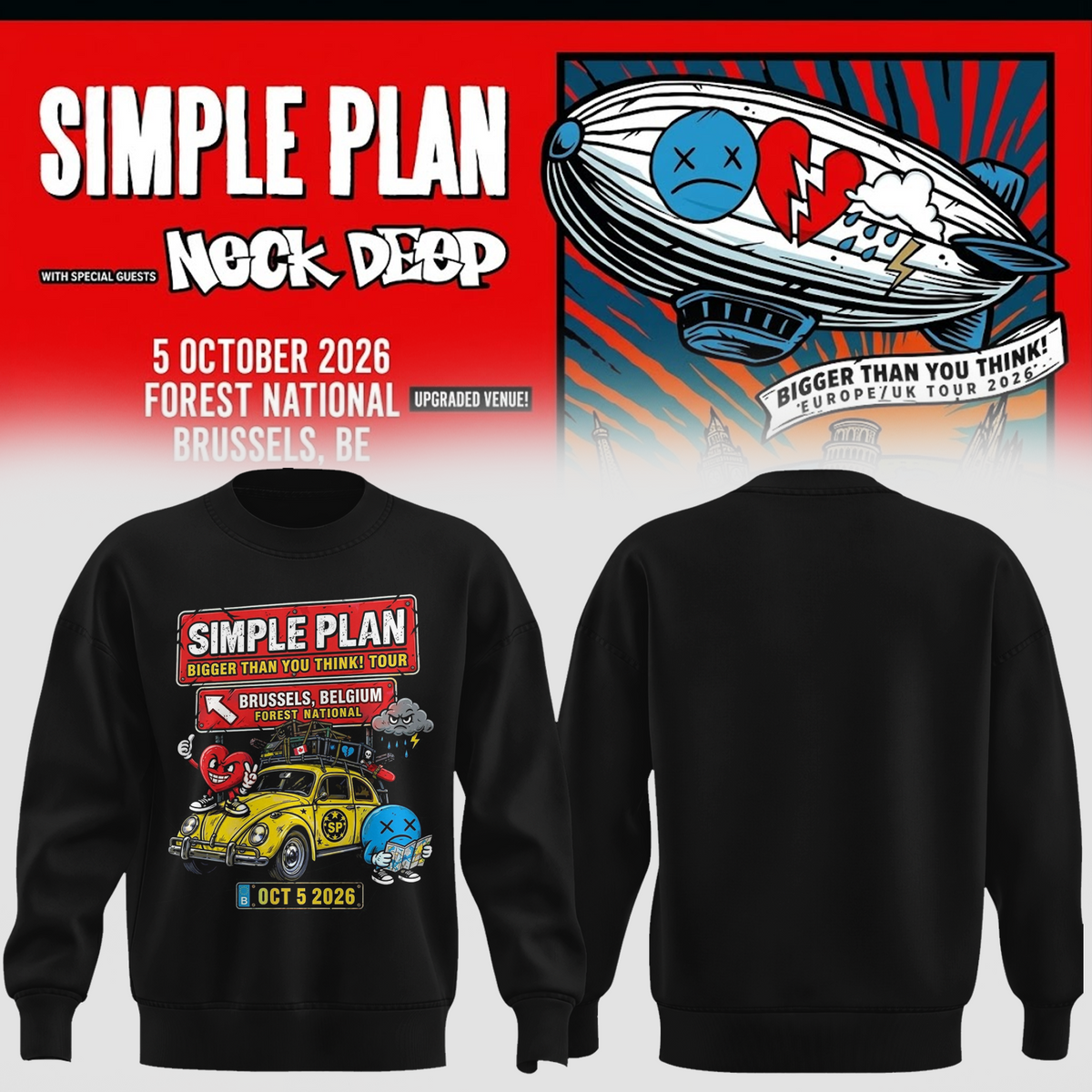 Simple Plan Brussels Belgium 2026 City Tee Live At Forest National Oct 5 2026 Bigger Than You Think Tour Sweater