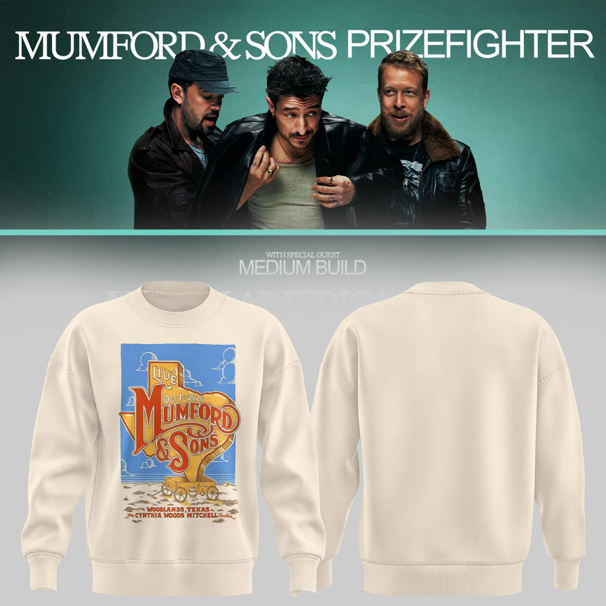 Mumford And Sons The Woodlands TX Event Poster At The Cynthia Woods Mitchell Pavilion In The Woodlands TX On October 1 2026 Sweatshirt
